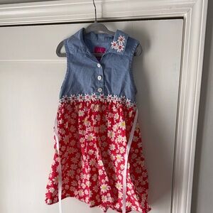 Pinky Girls Sleeveless Floral Denim-Top Dress - Coral, White, Blue